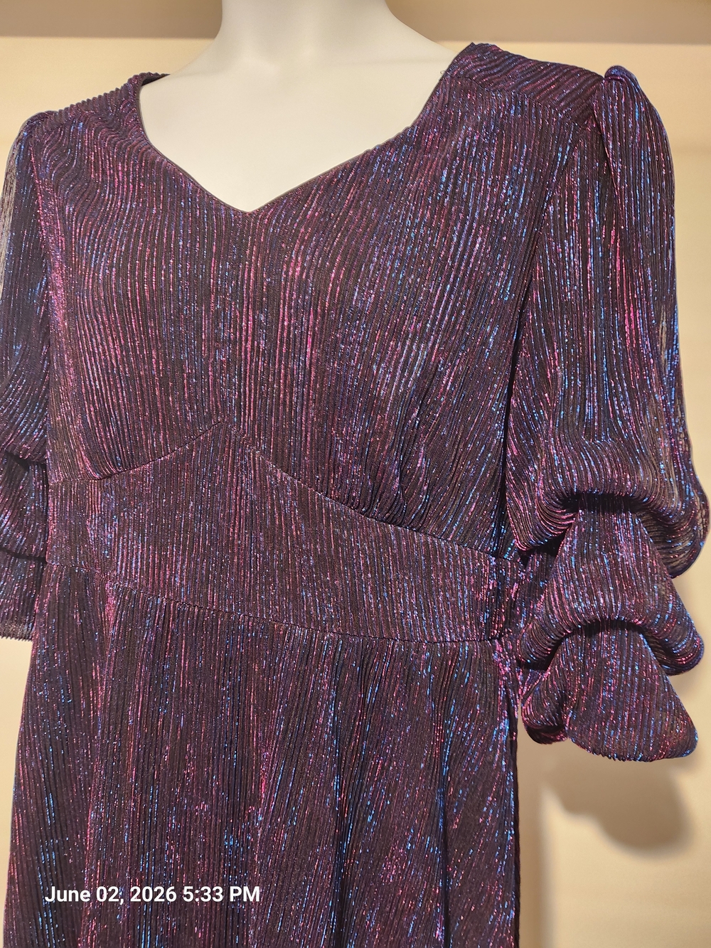 BloomChic Iridescent Purple Midi Dress with Puff Sleeves - Picture 2 of 7
